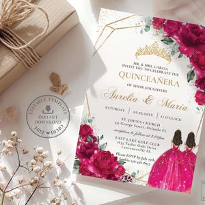 Fuchsia Hot Pink Floral Twins Princesses Gold Quinceañera Invitation EDITABLE Template Quince 15 Sweet 16 Birthday Printable Download QC71