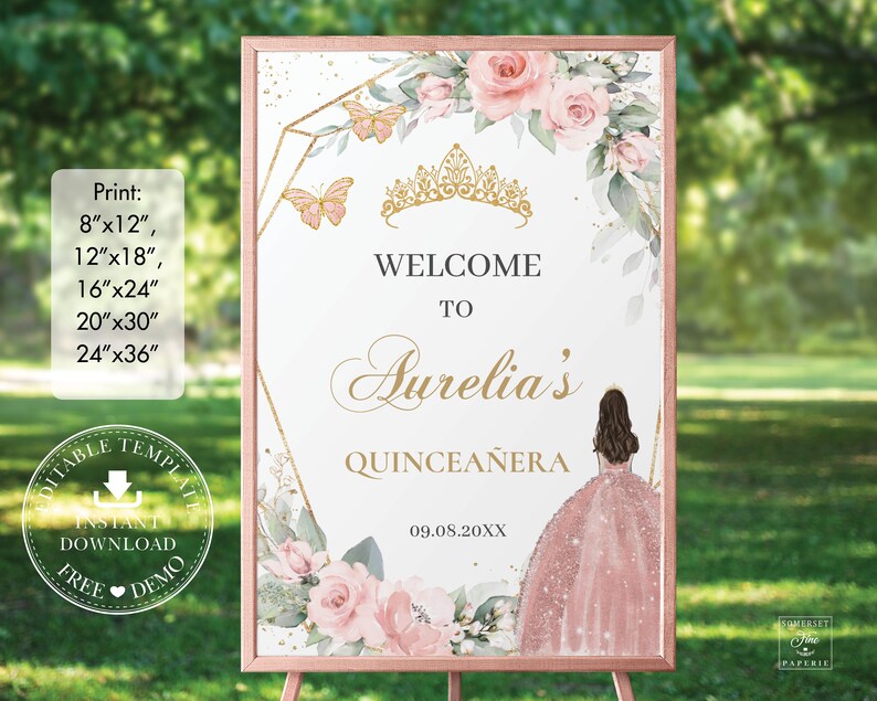 May include: Printable Quincea&ntilde;era welcome sign featuring a pink and gold floral design with a crown, butterflies, and a silhouette of a girl in a pink dress. The text reads "Welcome to Aurelia's Quincea&ntilde;era 09.08.20XX".