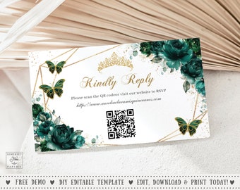 Puede incluir: Una tarjeta RSVP blanca con un marco geométrico dorado y detalles florales verdes. La tarjeta incluye un código QR y el texto "Kindly Reply" y una dirección de sitio web: https://www.aureliaclaramisquinceanos.com