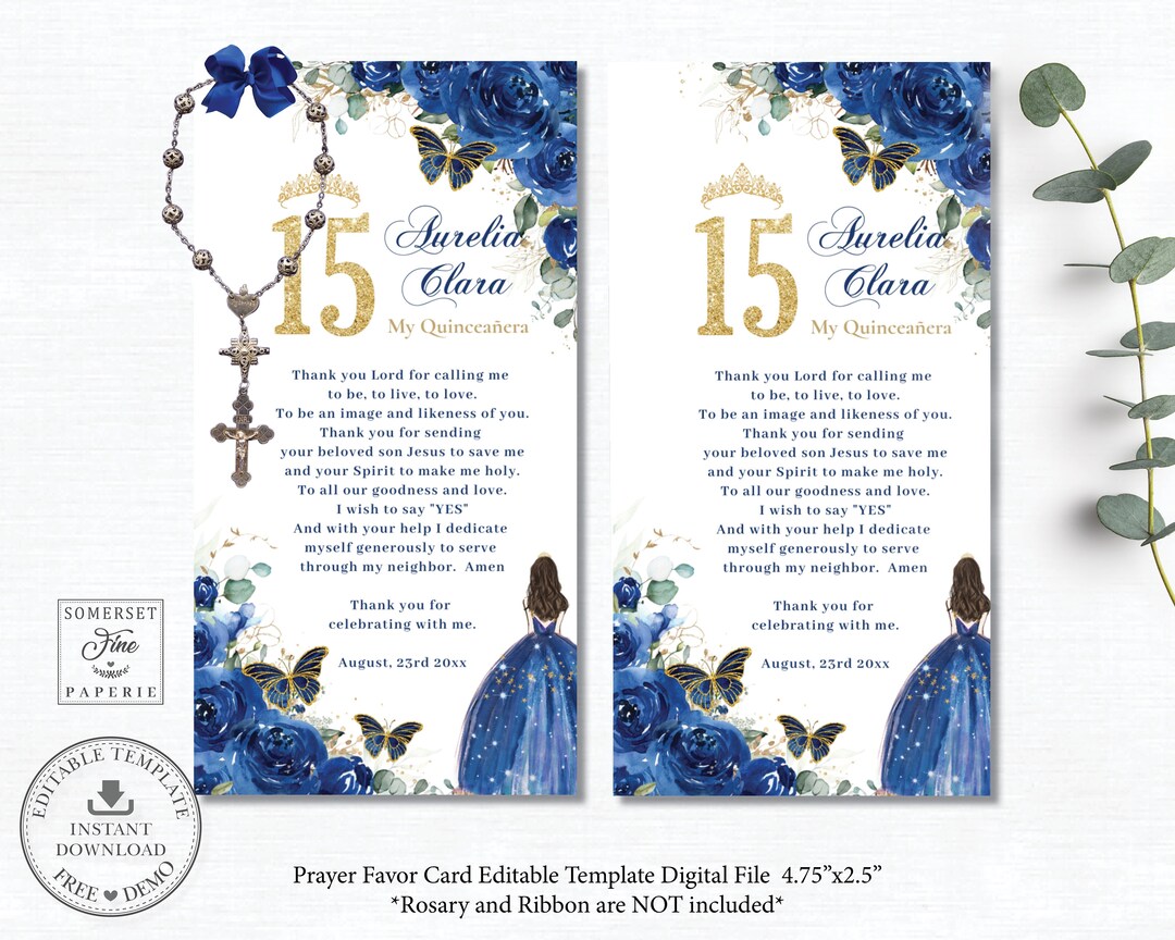 Prayer Card Rosary Favor Royal Blue Floral Roses EDITABLE TEMPLATE