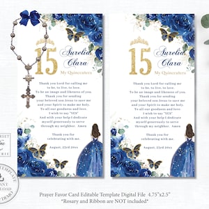 Prayer Card Rosary Favor Royal Blue Floral Roses EDITABLE TEMPLATE Quinceañera Quince 15 Birthday Gold Crown Printable File Download QC16