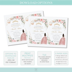 May include: A printable Quincea&ntilde;era invitation template with a pink and gold color scheme. The invitation features a watercolor floral design with butterflies and a crown. The text on the invitation reads "MR. & MRS. GARCIA INVITE YOU TO CELEBRATE THE QUINCEA&Ntilde;ERA OF THEIR DAUGHTER SURELIA CLARA".