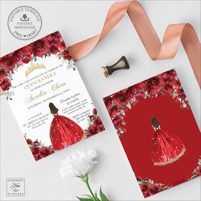 Pode incluir: Um convite de Quincea&ntilde;era vermelho e dourado com uma borda floral e um desenho de uma menina com um vestido vermelho. O texto diz "MR. & MRS GARCIA INVITE YOU TO CELEBRATE THE QUINCEA&Ntilde;ERA OF THEIR DAUGHTER AURELIA CLARA SATURDAY, SEPTEMBER 25, 20XX 11 O'CLOCK ST. JOHN'S CHURCH 331 George Street Orlando FL Reception to follow AT 2:00PM EAST LAKE GOLF CLUB 1653 Taylor Oaks Drive Lawrenceville FL RSVP to Sophia 256-456-8933 by July 10"
