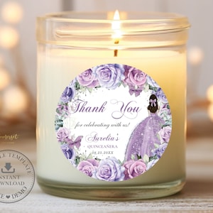 EDITABLE TEMPLATE 2&quot; Circle Favor Label Purple Lavender Lilac Floral Butterflies Quinceaneara 15th Birthday Sweet 16 Printable Download QC37