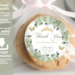 EDITABLE TEMPLATE 2" Circle Favor Label Sage Green Roses Floral Gold Butterflies Quinceaneara 15th Birthday Sweet 16 Printable Download QC43