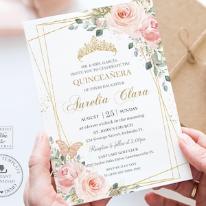 Chic Blush Pink Floral Quinceañera Invitation Printable EDITABLE TEMPLATE, Butterflies Mis Quince 15 Anos 16th 18th Birthday DIY Invite, QC7