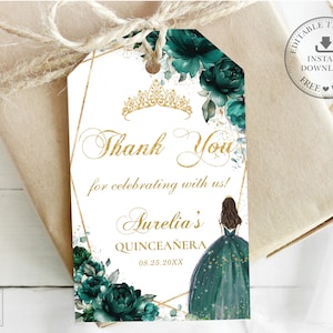 EDITABLE TEMPLATE Thank You Favor Tag Chic Emerald Green Floral Quinceaneara 15th Birthday Sweet 16 Tiara Printable INSTANT Download Pdf QC9