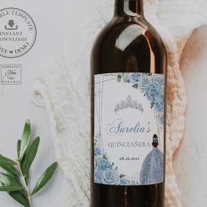 EDITABLE TEMPLATE Wine Bottle Labels, Baby Blue Floral Princess Quinceañera 15th Birthday Sweet 16 Crown Printable INSTANT Download QC18