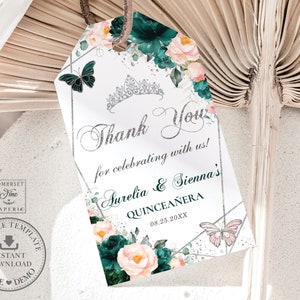 EDITABLE TEMPLATE Thank You Favor Tag Silver Emerald Blush Floral Butterflies Quinceaneara 15 16th Birthday Printable INSTANT Download QC20