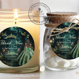 May include: Round thank you stickers with a green and black forest background, a gold crown, and a girl in a green dress. The text on the sticker says "Thank You for celebrating with us! Sarelia's Quinceañera 08.26.20XX".
