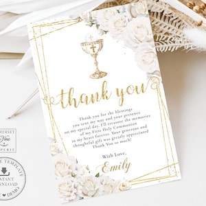 White Roses Floral Flowers First Holy Communion Gold Chalice Cup Host Rosary Thank You Card EDITABLE TEMPLATE Digital Download Printable HC1