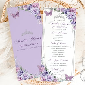 EDITABLE Purple Lavender Lilac Roses Floral Silver Butterflies Quinceañera Slim Program Order Events Birthday Quince Printable Download QC37