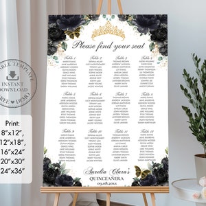 EDITABLE Black Gold Princess Floral Flowers Butterflies Quinceañera Seating Chart Sign Mis Quince 15 XV Anos 16th Birthday Printable QC25
