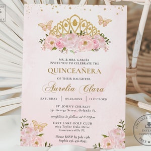 Pink Floral Princess Quinceañera Invitation INSTANT DOWNLOAD, Gold Tiara Crown Mis Quince 15 Anos Birthday Editable Template Printable, QC27