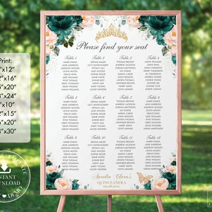 Emerald Blush Floral Butterfly Quinceañera Seating Chart Printable, EDITABLE TEMPLATE, Twins Mis Quince Anos 18th 16th Birthday INSTANT QC20