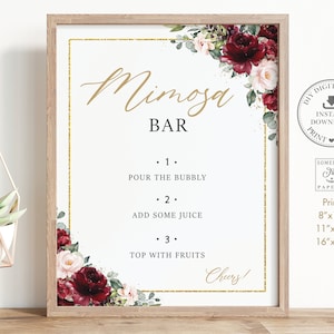 Mimosa Bar Sign Printable, INSTANT DOWNLOAD, Burgundy Blush Pink Floral Roses Bridal Shower Wedding Anniversary Hens Bachelorette PDF, RB1