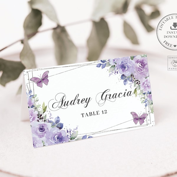 EDITABLE Purple Lilac Floral Butterflies Silver Place Cards Printable Guest Name Quinceañera Sweet 16 Birthday Download Printable File QC3