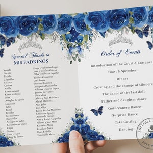 May include: A blue and white wedding program with a floral design and butterflies. The program includes a list of special thanks to the wedding party and an order of events for the ceremony and reception.