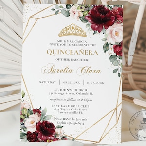 Burgundy Blush Floral Roses Quinceañera Invitation INSTANT DOWNLOAD, Mis Quince 15 Anos Birthday Invite Diy Editable Template Printable, QC1