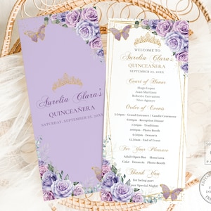 May include: Purple and gold Quinceañera invitation with a floral design and butterflies. The invitation includes the text "Aurelia Clara's Quinceañera" and the date "September 23, 20XX".