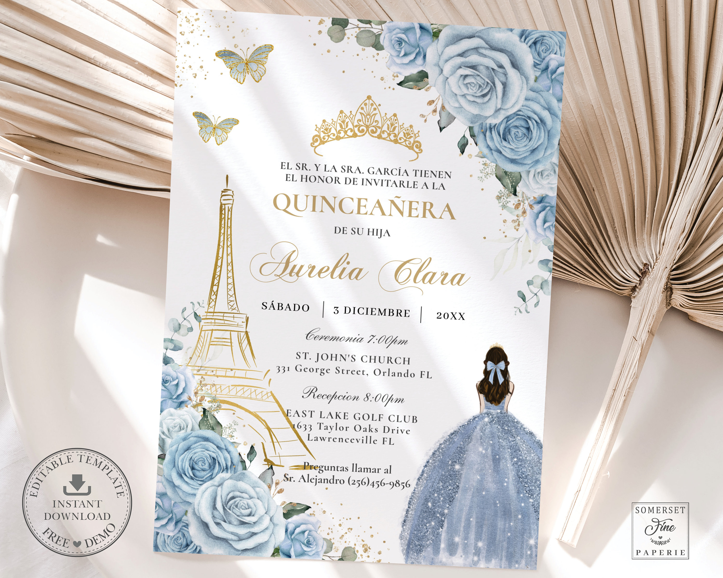 Invitación Eiffel París Quinceañera Oro Floral Azul Bebé Imprimible,  PLANTILLA EDITABLE, Invitación Mis Quince 15 XV Años Dulce 16 Cumpleaños,  QC18 - Etsy México, image size:3000x2400