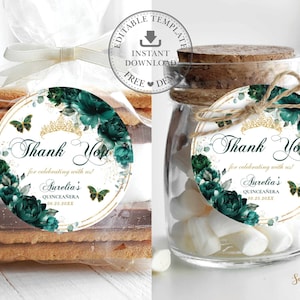 EDITABLE TEMPLATE 2&quot; Circle Favor Label, Emerald Green Floral Quinceaneara 15th Birthday Sweet 16 Butterflies Printable INSTANT Download QC9