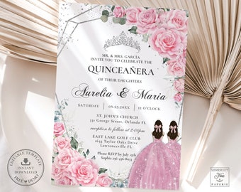 Rosa Floral Rosas Plata Quinceañera Invitación DESCARGA INSTANTE Mis Quince 15 Hermanas Gemelas 16 Cumpleaños Invitar Diy Plantilla EDITABLE QC24