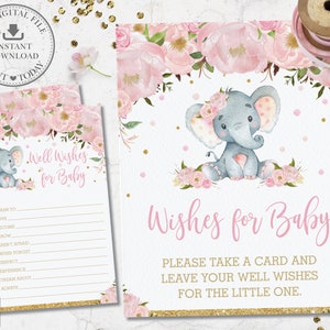 Goede wensen voor baby teken en kaart, INSTANT DOWNLOAD, roze bloemen schattig olifant meisje babyshower, leuke partij activiteit PDF afdrukbaar bestand, EP5