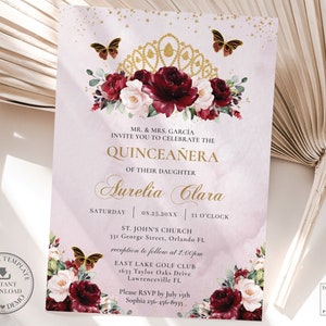 Burgundy Blush Floral Crown Quinceañera Invitation INSTANT DOWNLOAD, Mis Quince 15 Anos Birthday Invite Diy Editable Template Printable, QC1