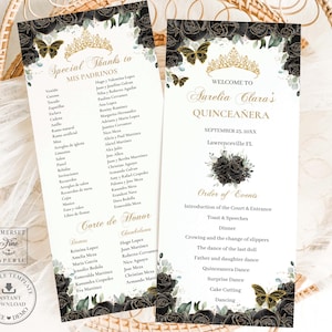 EDITABLE Slim Black Flower Roses Gold Quinceanera Program Quince XV Birthday Printable Order of Events Padrinos Corte de Honor Download QC25