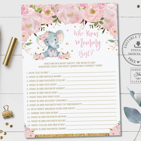 EDITABLE TEMPLATE, Who Knows Mommy Best Game, Cute Pink Floral Baby Elephant Sprinkle Fun Activity Pdf Printable File, INSTANT Download, EP5