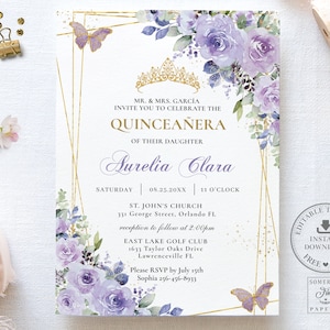 Purple Lilac Floral Quinceañera Invitation INSTANT DOWNLOAD, Butterflies Mis Quince 15 Anos 16th Birthday Editable Template Printable, QC3