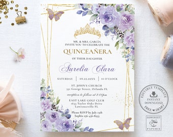 Purple Lilac Floral Quinceañera Invitation INSTANT DOWNLOAD, Butterflies Mis Quince 15 Anos 16th Birthday Editable Template Printable, QC3