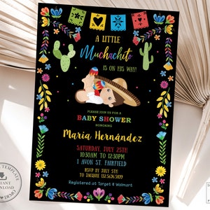 Boy Muchachito Mexican Floral Baby Shower Invitation Printable, EDITABLE TEMPLATE Fiesta Maracas Invites Bright Flowers INSTANT Download MX1