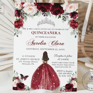 Burgundy Blush Floral Quinceañera Invitation INSTANT DOWNLOAD, Mis Quince 15 Anos 16th Birthday Invite Diy Editable Template Printable, QC1