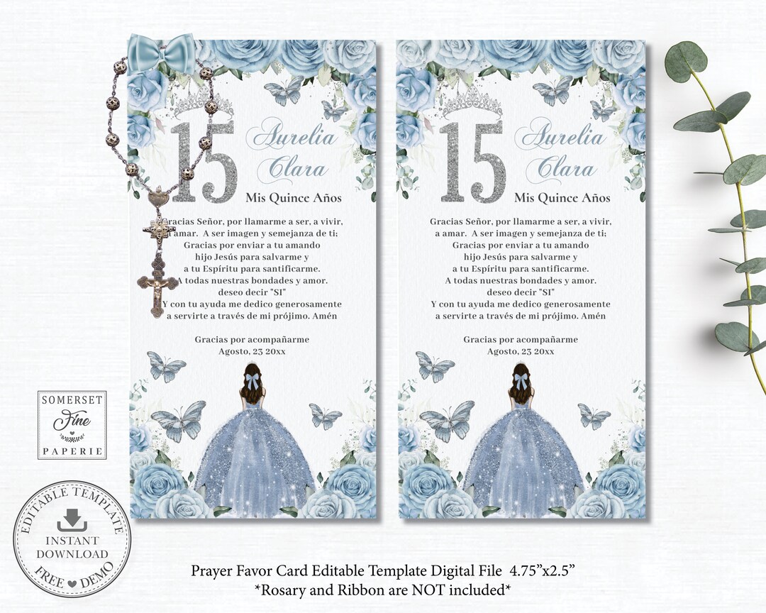 EDITABLE Prayer Card Rosary Favor Baby Blue Floral Silver Princess