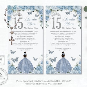 EDITABLE Prayer Card Rosary Favor Baby Blue Floral Silver Princess Quinceañera Quince 15 Sweet 16 Birthday Printable File Download QC18