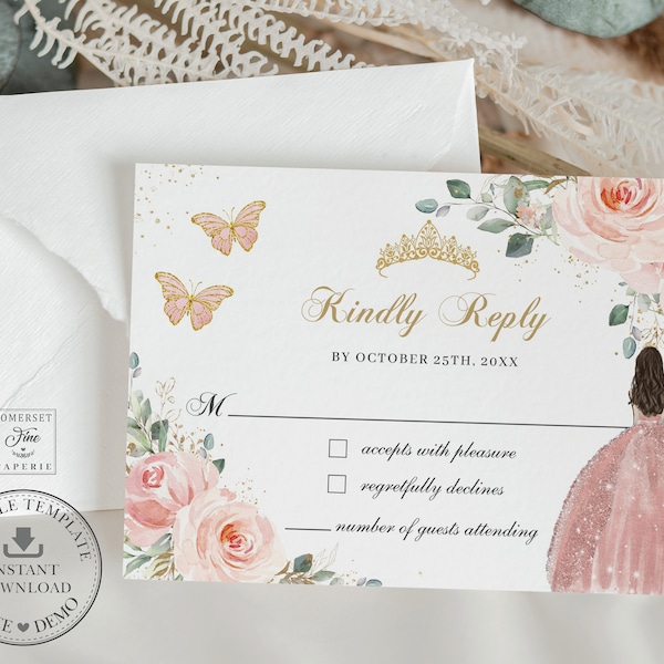 Blush Pink Floral Princess Butterflies Quinceañera RSVP Card Printable EDITABLE TEMPLATE Quince 15 Anos 16th Birthday Instant Download QC7