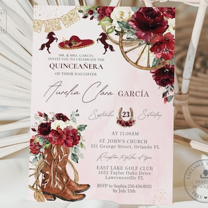 Burgundy Red Floral Cowboy Boots Horses Charro Wild West Quinceañera Invitation Printable EDITABLE TEMPLATE Quince XV 15 Años Birthday QC81