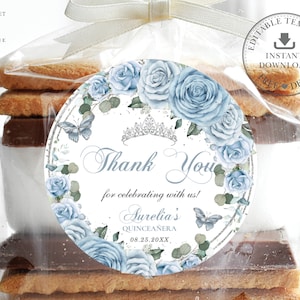 EDITABLE TEMPLATE 2" Circle Favor Label, Baby Blue Floral Butterflies Quinceaneara 15th Birthday Sweet 16 Printable INSTANT Download QC18