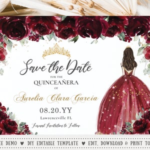 Burgundy Floral Quinceañera Save the Date Card EDITABLE TEMPLATE, Princess Crown Dress Flowers Mis Quince 15th Birthday INSTANT Download QC6