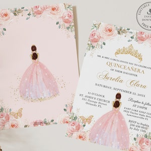 May include: Pink and gold Quincea&ntilde;era invitation with a floral border and a drawing of a girl in a pink dress. The text reads "MR. & MRS. GARCIA INVITE YOU TO CELEBRATE THE QUINCEA&Ntilde;ERA OF THEIR DAUGHTER AURELIA CLARA SATURDAY, SEPTEMBER 23, 20XX 11 O'CLOCK ST. JOHN'S CHURCH 331 George Street Orlando FL Reception to follow AT 2:00PM EAST LAKE GOLF CLUB 1633 Taylor Oaks Drive Lawrenceville FL RSVP to Sophia 256-456-8933 by July 15th"