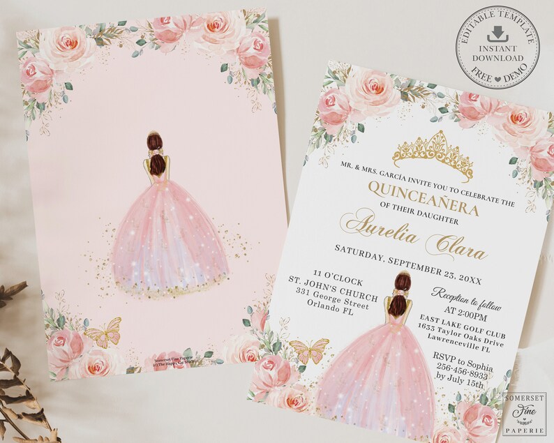 May include: Pink and gold Quincea&ntilde;era invitation with a floral border and a drawing of a girl in a pink dress. The text reads "MR. & MRS. GARCIA INVITE YOU TO CELEBRATE THE QUINCEA&Ntilde;ERA OF THEIR DAUGHTER AURELIA CLARA SATURDAY, SEPTEMBER 23, 20XX 11 O'CLOCK ST. JOHN'S CHURCH 331 George Street Orlando FL Reception to follow AT 2:00PM EAST LAKE GOLF CLUB 1633 Taylor Oaks Drive Lawrenceville FL RSVP to Sophia 256-456-8933 by July 15th"