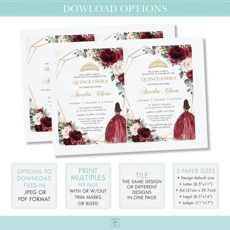 May include: Printable Quincea&ntilde;era invitation template featuring a burgundy and pink floral design with a gold geometric frame. The text reads "Mr. & Mrs. Garcia invite you to celebrate the Quincea&ntilde;era of their daughter Surelia Clara".