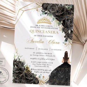 Black Gold Floral Roses Princess Quinceañera Invitation EDITABLE TEMPLATE, Mis Quince 15 Anos 16 Birthday Instant Download Printable, QC25