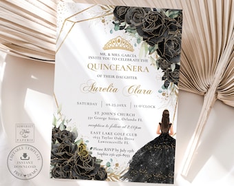 Black Gold Floral Roses Princess Quinceañera Invitation EDITABLE TEMPLATE, Mis Quince 15 Anos 16 Birthday Instant Download Printable, QC25