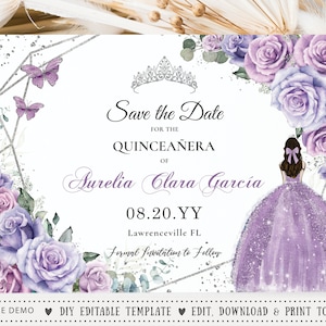 Purple Lilac Lavender Floral Silver Quinceañera Save the Date Card EDITABLE TEMPLATE Princess Crown Roses Quince 15th Birthday INSTANT QC37