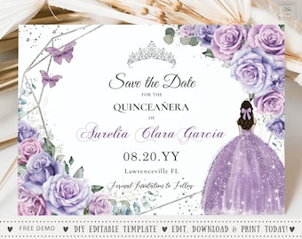 May include: A purple and silver save the date card with a floral design and a crown. The text reads "Save the Date for the Quinceañera of Aurelia Clara García 08.20.YY Lawrenceville FL Formal Invitation to Follow".