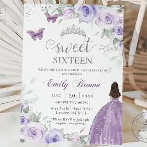 Lavender Purple Floral Silver Princess Sweet Sixteen 16 Butterfly Invitation INSTANT DOWNLOAD 16th Birthday EDITABLE Template Printable BP3