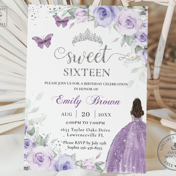 Lavender Purple Floral Silver Princess Sweet Sixteen 16 Butterfly Invitation INSTANT DOWNLOAD 16th Birthday EDITABLE Template Printable BP3